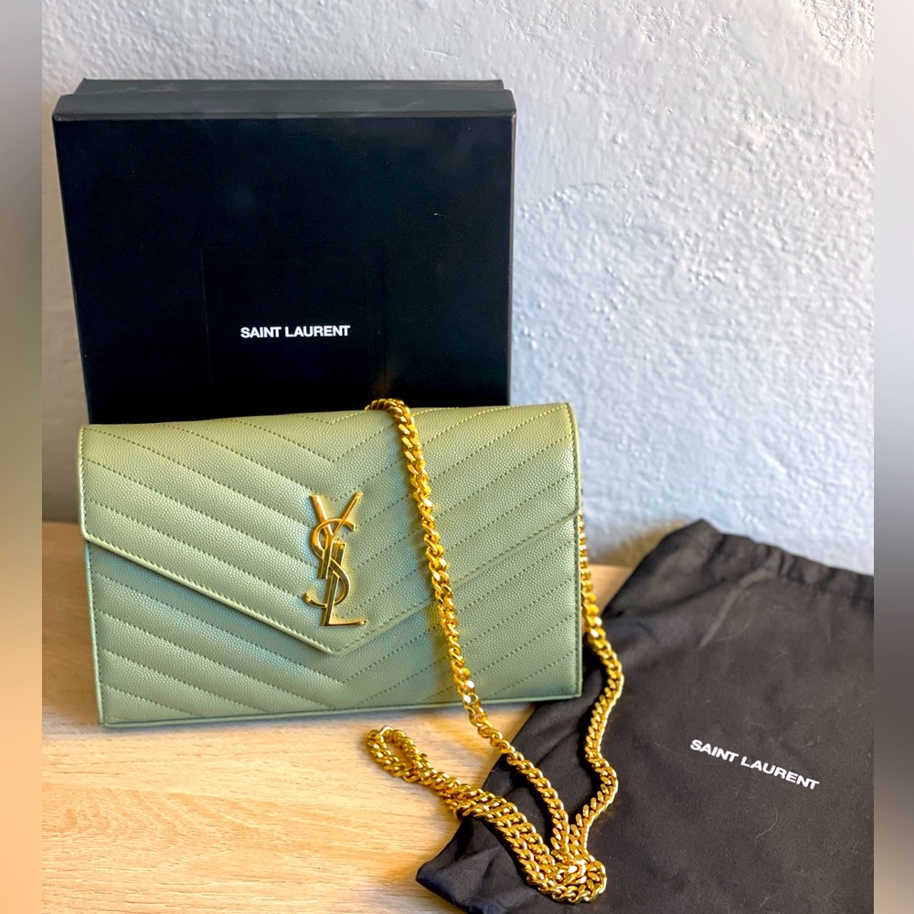 Yves Saint Laurent Olive Green Clutch with Gold Chain